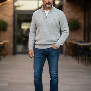 Polo Ralph Lauren Mens XXL Silk Cable Knit 1/4 Zip Sweater Beige VTG Hong Kong